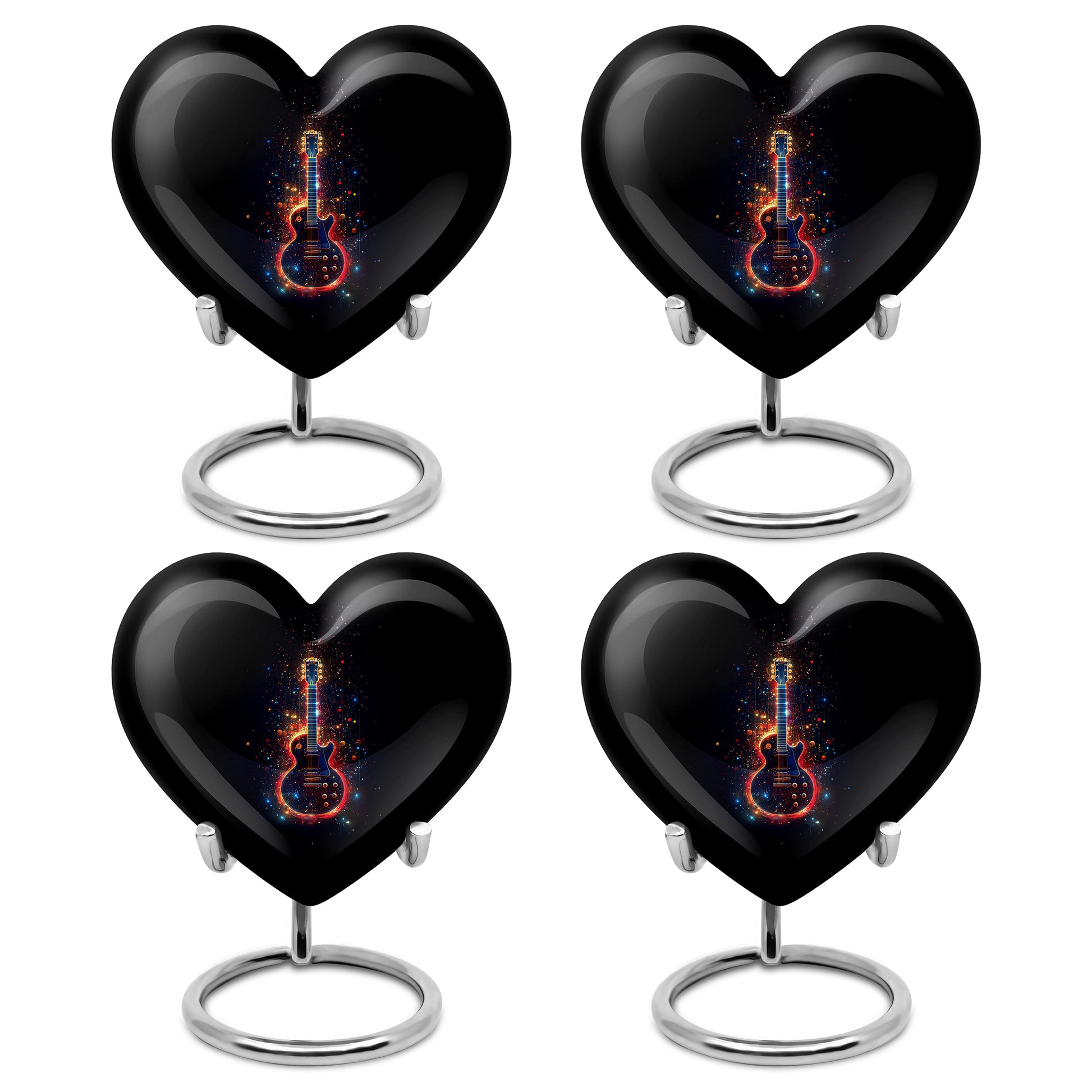Dark Black Guitar Cremation Urn angled view of lid and engraved motif - romantic heart urn with guitar motif on aluminum - 10 inch aluminum urn for cremated remains