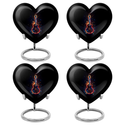 Dark Black Guitar Cremation Urn angled view of lid and engraved motif - romantic heart urn with guitar motif on aluminum - 10 inch aluminum urn for cremated remains