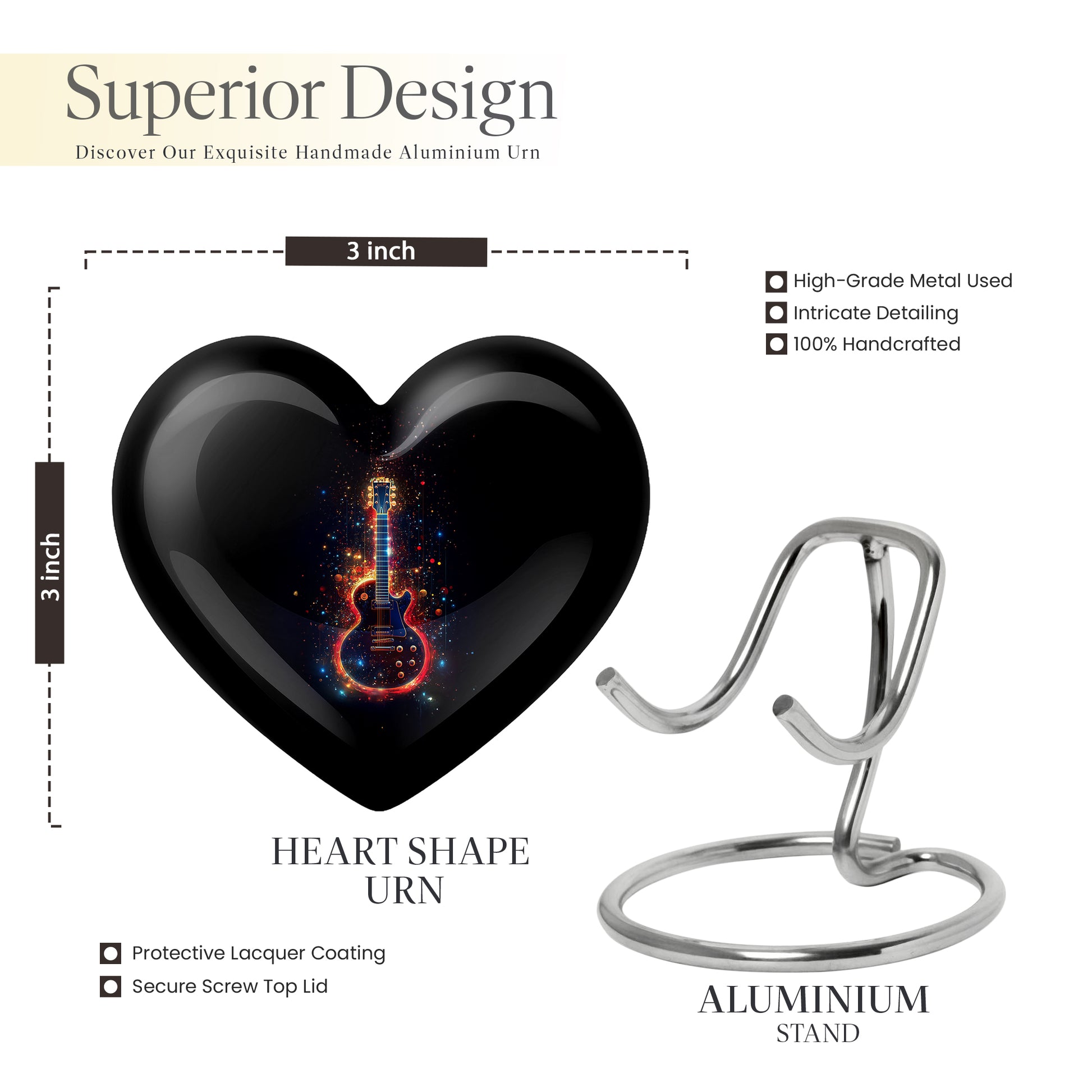 Ebony Guitar Cremation Urn front view showing detailed design - heart-shaped guitar design symbolizing eternal love - mini keepsake memorial for portion of cremation ashes