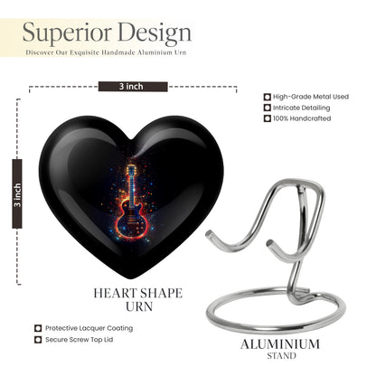 Ebony Guitar Cremation Urn front view showing detailed design - heart-shaped guitar design symbolizing eternal love - mini keepsake memorial for portion of cremation ashes