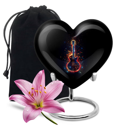 Obsidian Black Guitar Cremation Urn detail view - compassionate heart-guitar combination with gentle curves - full-size 10 inch 200 cubic inch adult cremation urn