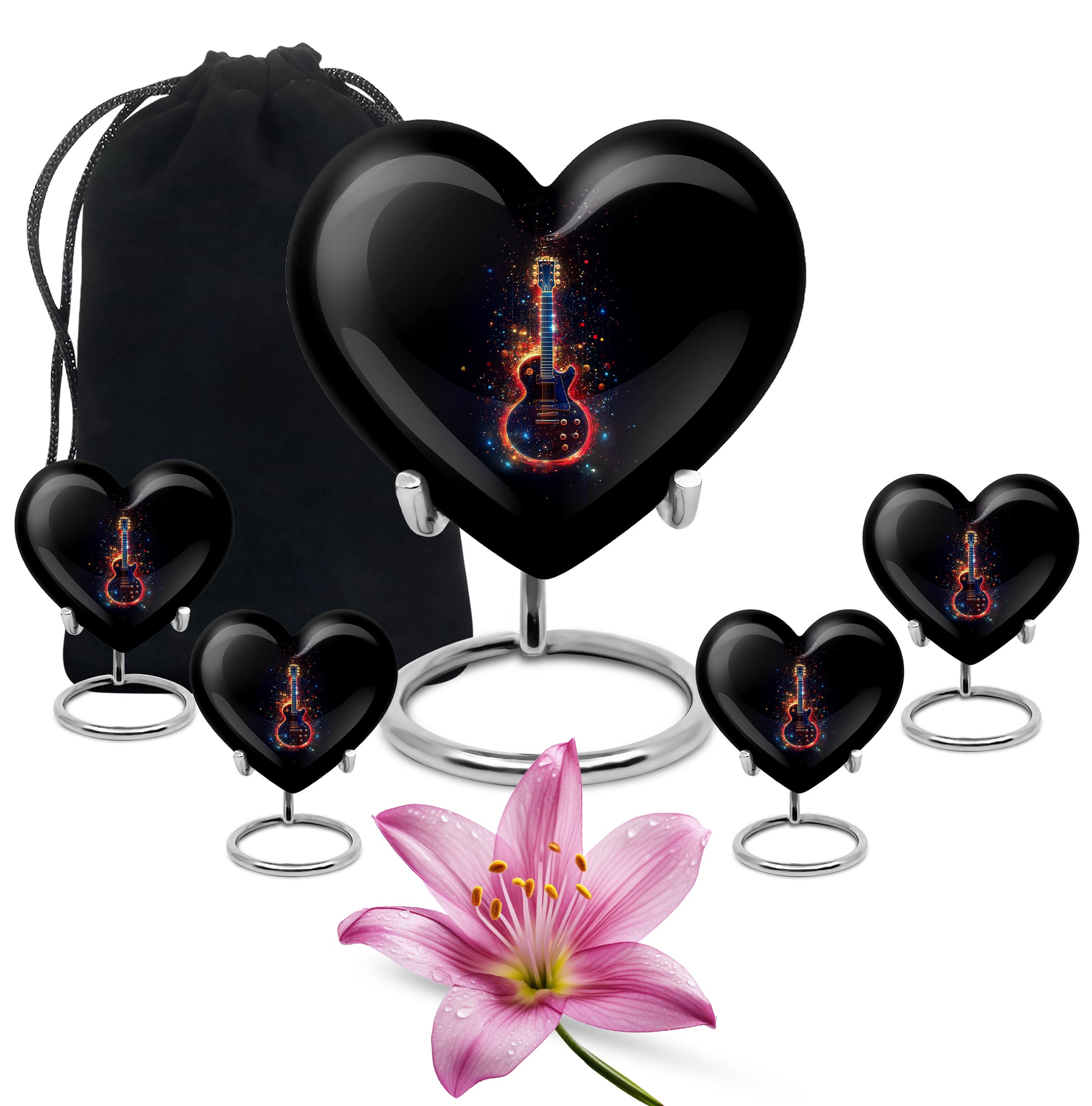 Rich Black Guitar Cremation Urn close-up of engraving and surface detail - loving heart memorial featuring guitar pattern - memorial set with one large and four small urns