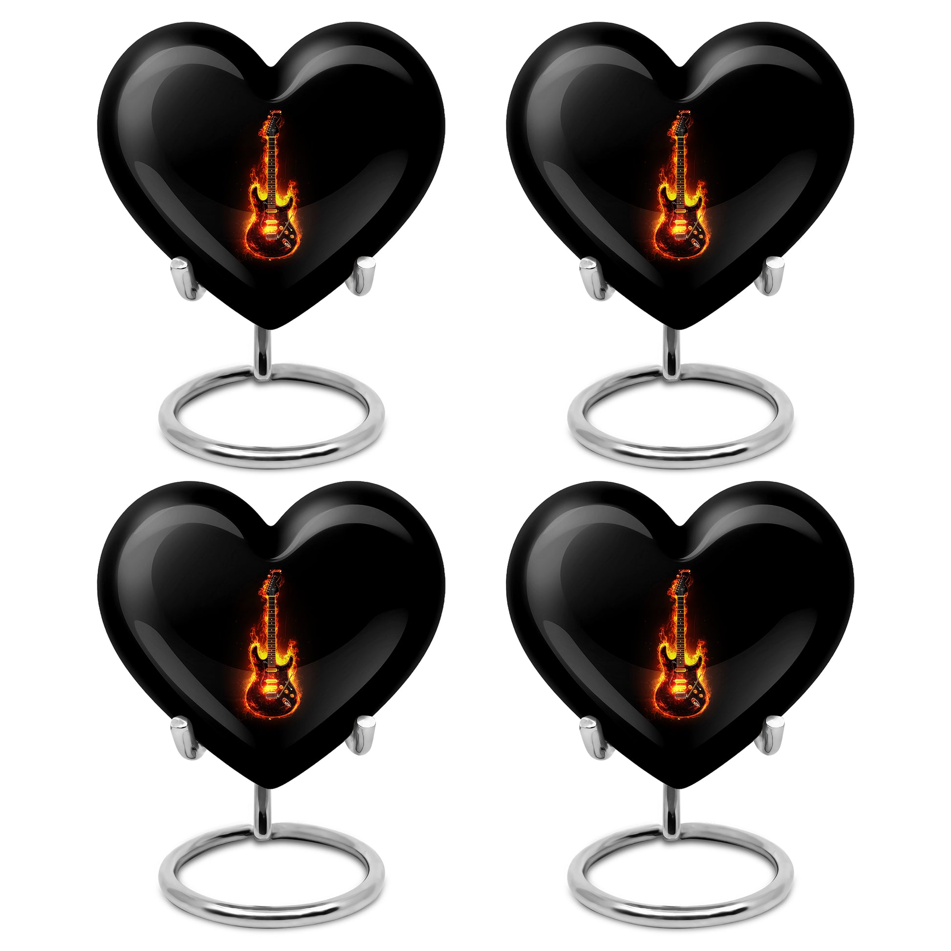 Dark Black Guitar Cremation Urn angled view of lid and engraved motif - romantic heart urn with guitar motif on aluminum - 10 inch aluminum urn for cremated remains