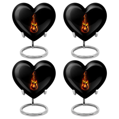 Dark Black Guitar Cremation Urn angled view of lid and engraved motif - romantic heart urn with guitar motif on aluminum - 10 inch aluminum urn for cremated remains