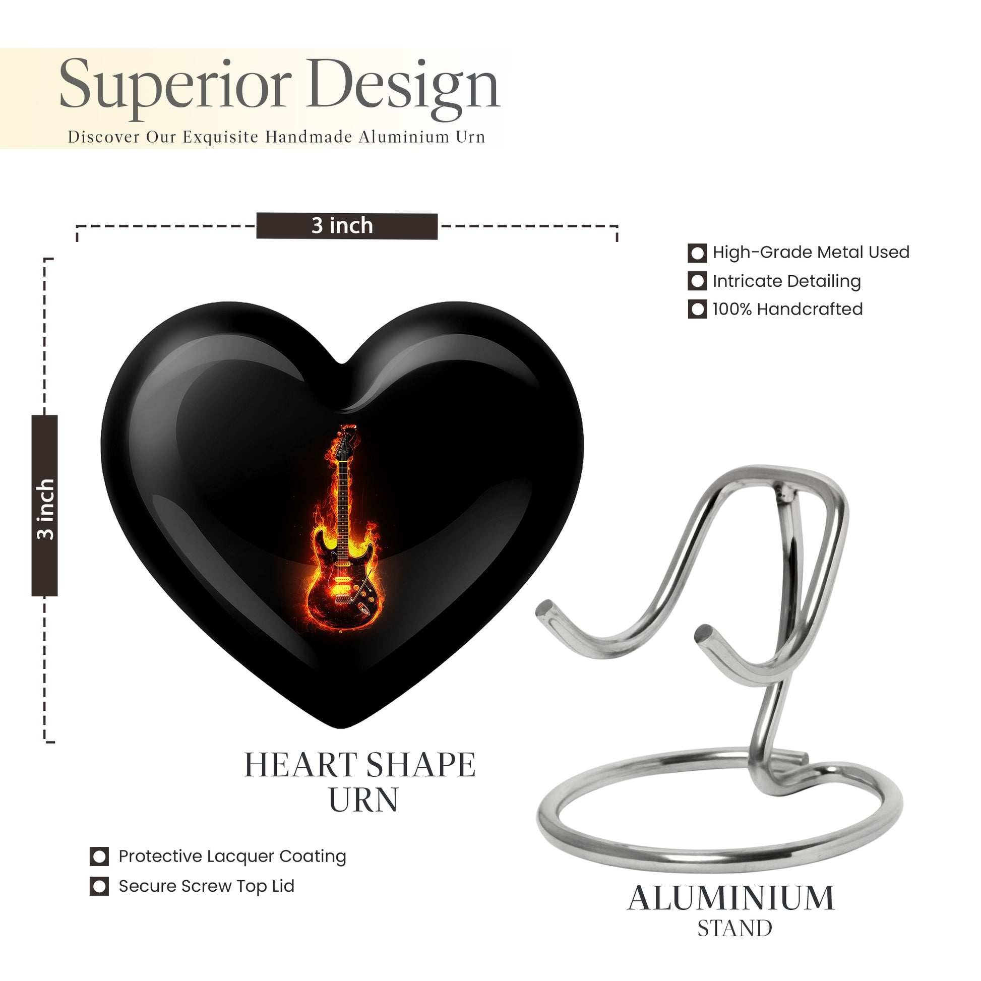 Obsidian Black Guitar Cremation Urn front view showing detailed design - romantic heart urn with guitar motif on aluminum - mini keepsake memorial for portion of cremation ashes