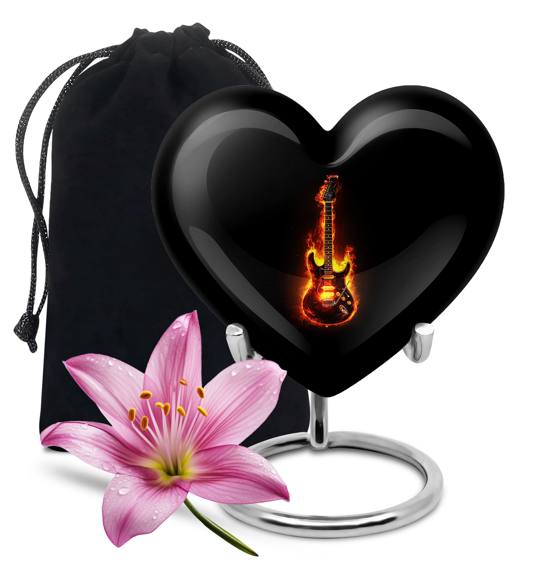 Dark Black Guitar Cremation Urn detail view - romantic heart urn with guitar motif on aluminum - full-size 10 inch 200 cubic inch adult cremation urn
