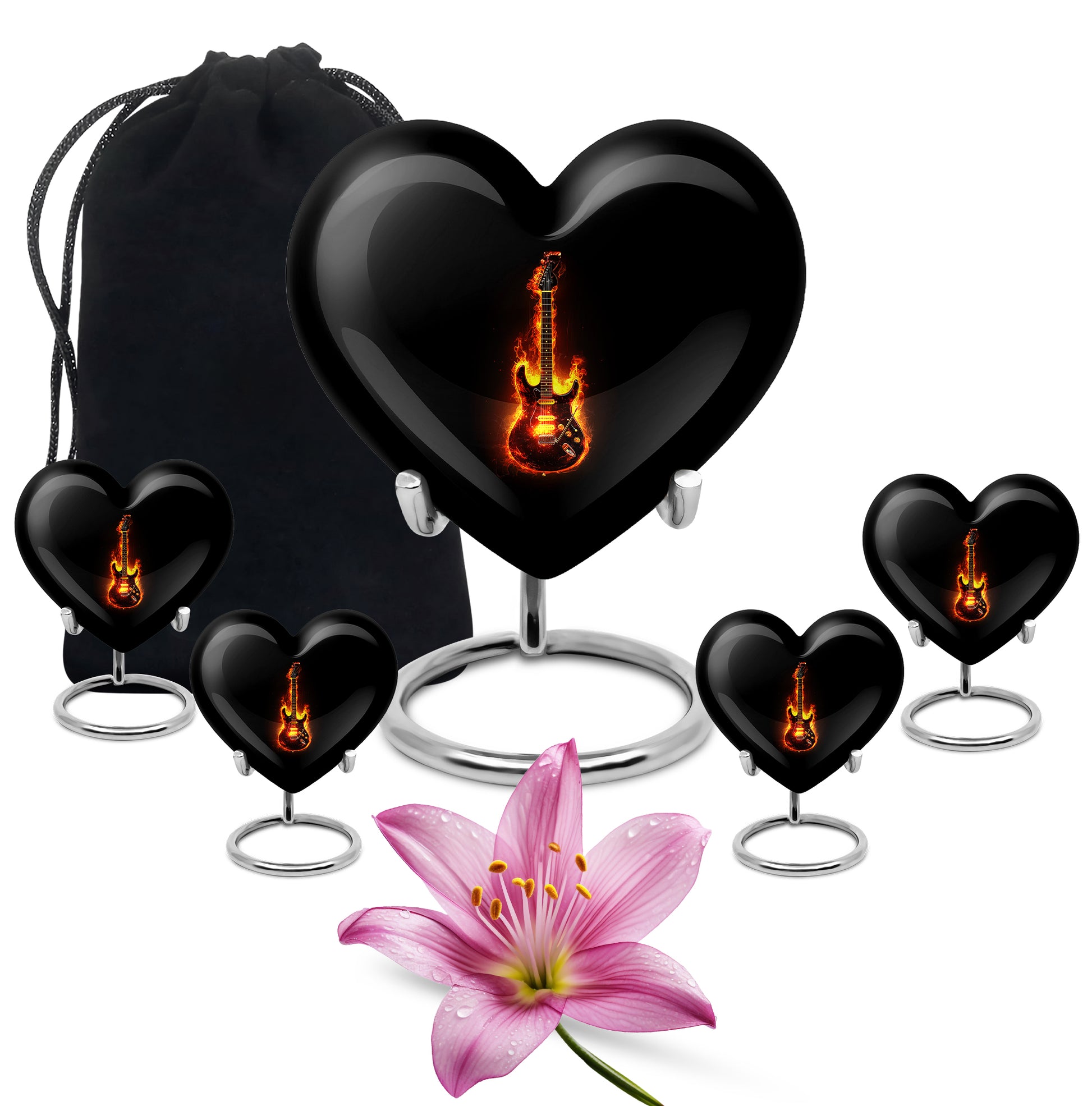 Jet Black Guitar Cremation Urn close-up of engraving and surface detail - loving heart memorial featuring guitar pattern - memorial set with one large and four small urns