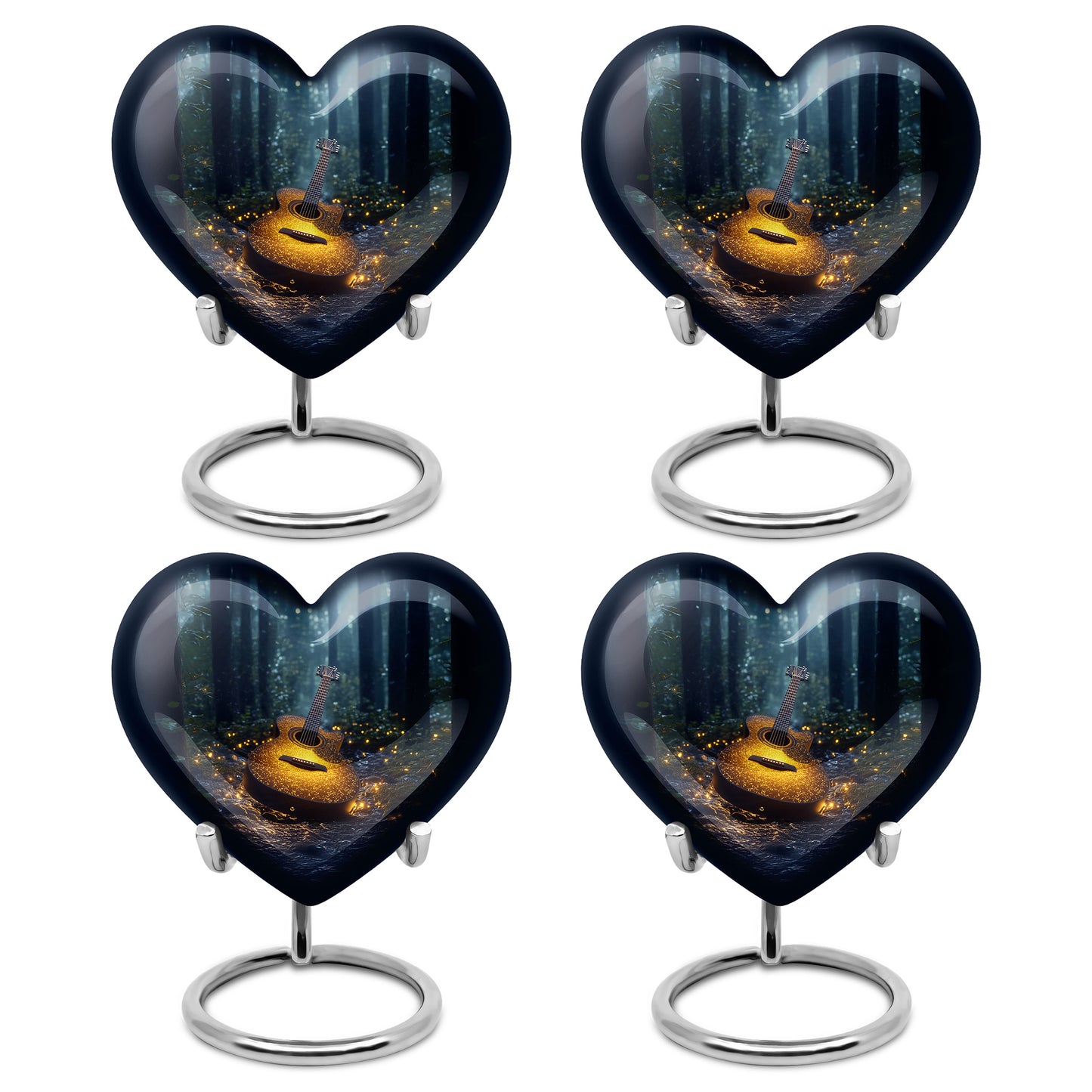Twilight Blue Guitar Cremation Urn angled view of lid and engraved motif - compassionate heart-guitar combination with gentle curves - 10 inch aluminum urn for cremated remains