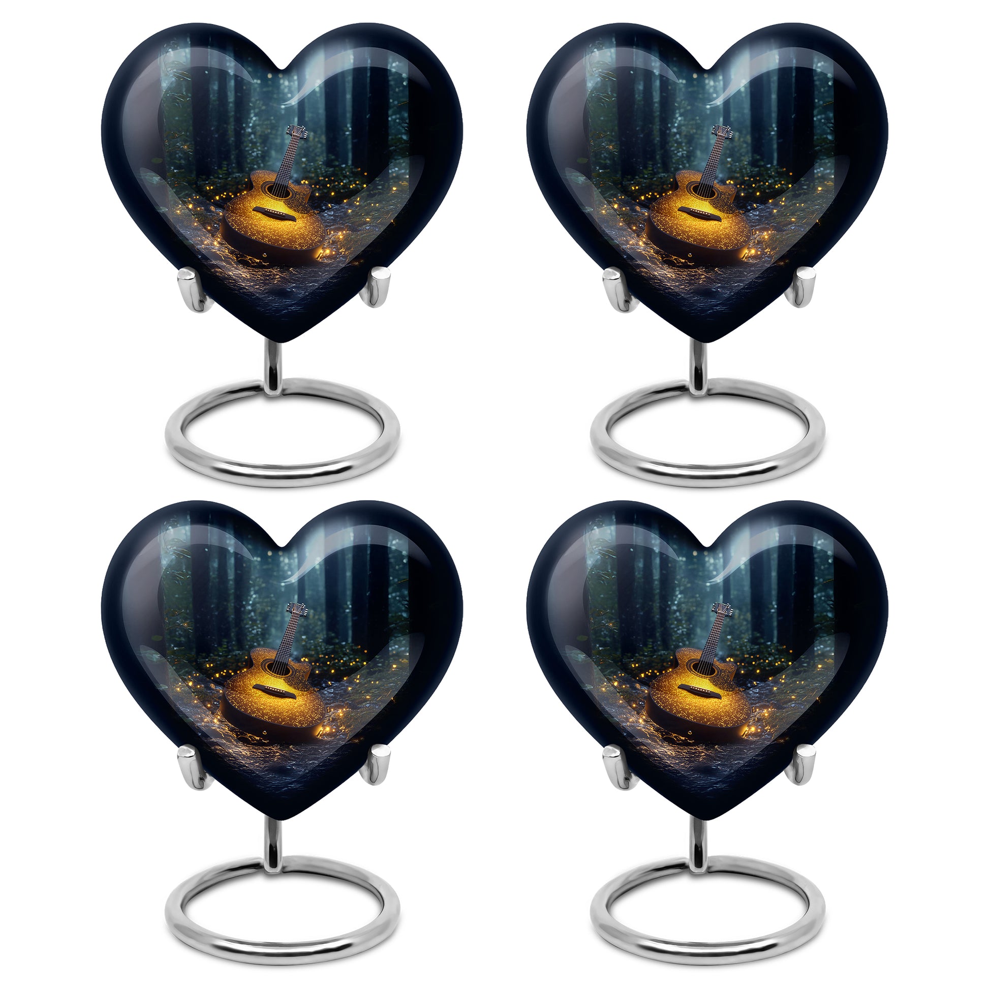 Twilight Blue Guitar Cremation Urn angled view of lid and engraved motif - compassionate heart-guitar combination with gentle curves - 10 inch aluminum urn for cremated remains