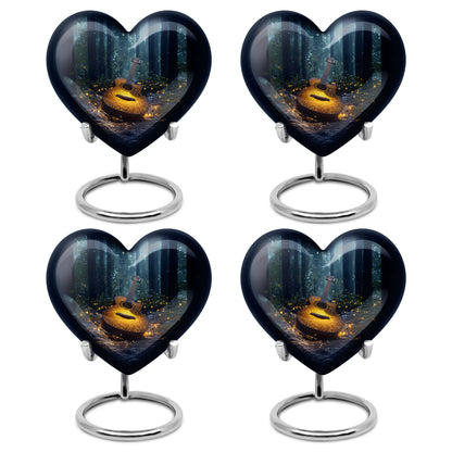 Twilight Blue Guitar Cremation Urn angled view of lid and engraved motif - compassionate heart-guitar combination with gentle curves - 10 inch aluminum urn for cremated remains
