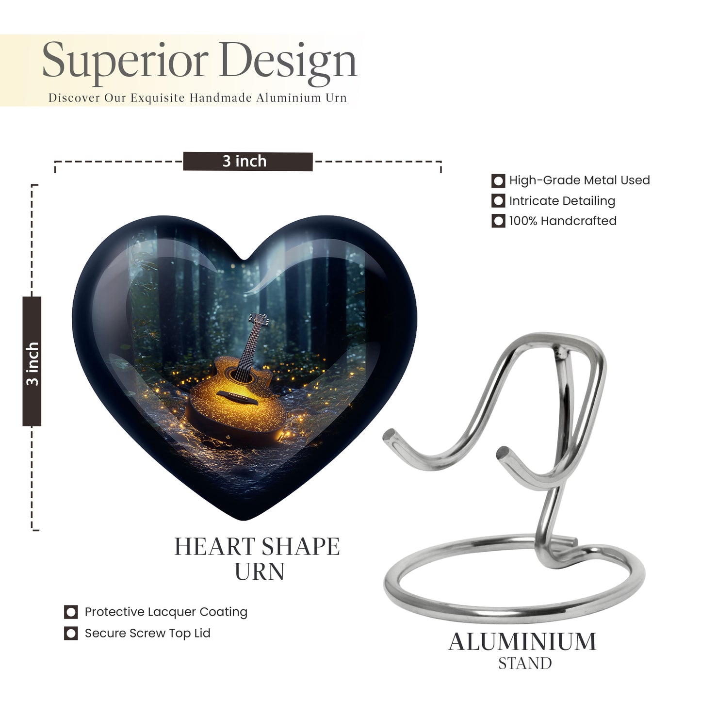 Celestial Blue Guitar Cremation Urn front view showing detailed design - heart-shaped guitar design symbolizing eternal love - mini keepsake memorial for portion of cremation ashes