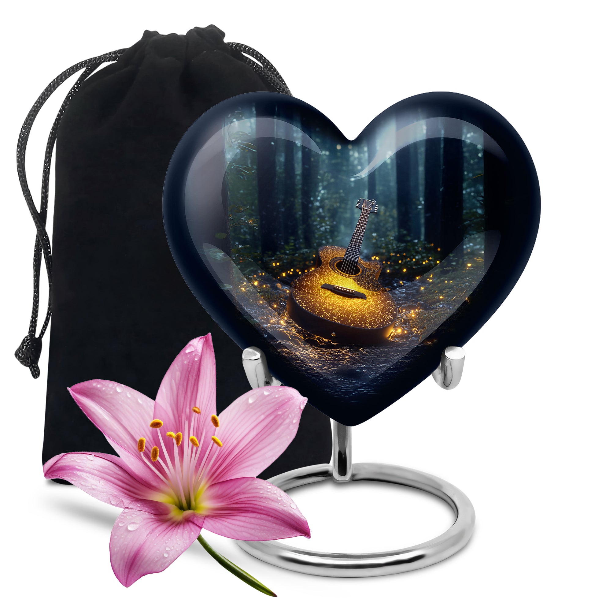 Cobalt Blue Guitar Cremation Urn detail view - romantic heart urn with guitar motif on aluminum - full-size 10 inch 200 cubic inch adult cremation urn