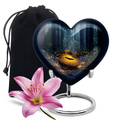 Cobalt Blue Guitar Cremation Urn detail view - romantic heart urn with guitar motif on aluminum - full-size 10 inch 200 cubic inch adult cremation urn