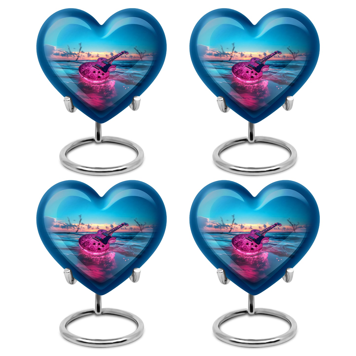 Ocean Teal Guitar Cremation Urn angled view of lid and engraved motif - loving heart memorial featuring guitar pattern - 10 inch aluminum urn for cremated remains