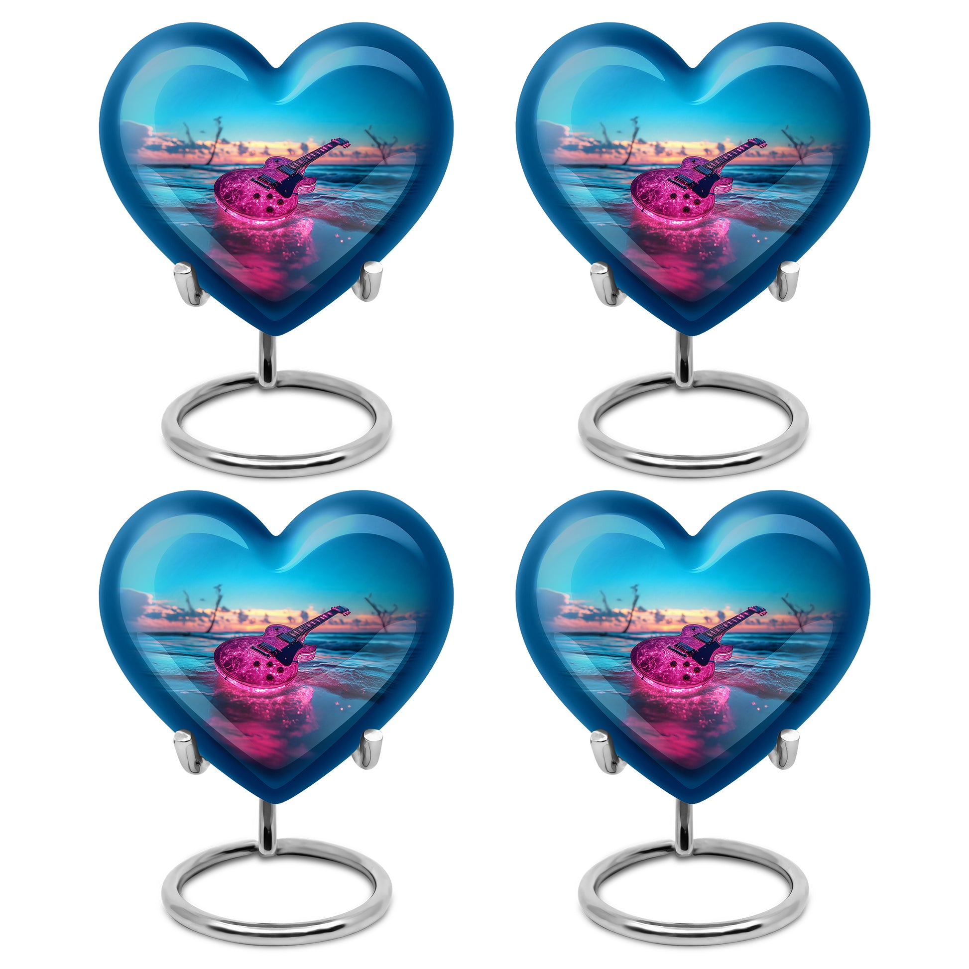 Ocean Teal Guitar Cremation Urn angled view of lid and engraved motif - loving heart memorial featuring guitar pattern - 10 inch aluminum urn for cremated remains