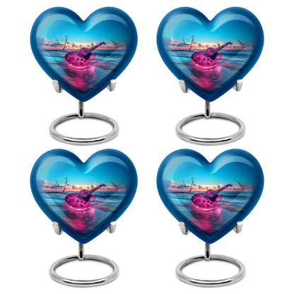 Ocean Teal Guitar Cremation Urn angled view of lid and engraved motif - loving heart memorial featuring guitar pattern - 10 inch aluminum urn for cremated remains
