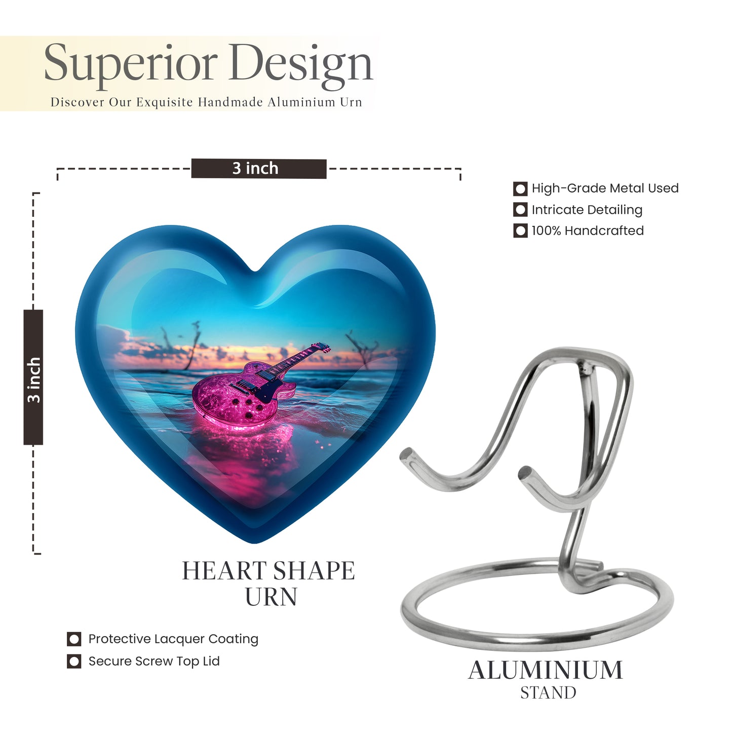 Ocean Teal Guitar Cremation Urn front view showing detailed design - loving heart memorial featuring guitar pattern - mini keepsake memorial for portion of cremation ashes