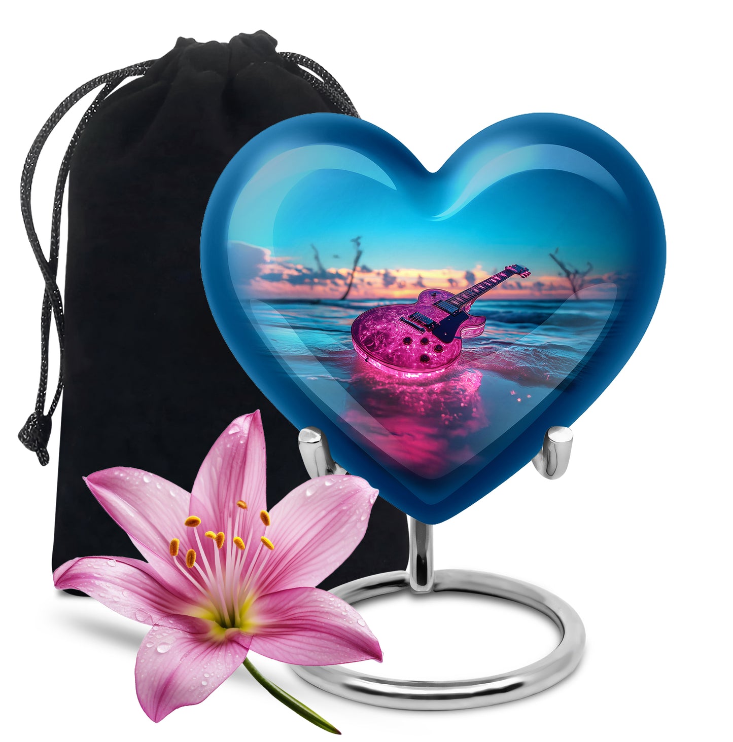 Deep Teal Guitar Cremation Urn detail view - romantic heart urn with guitar motif on aluminum - full-size 10 inch 200 cubic inch adult cremation urn