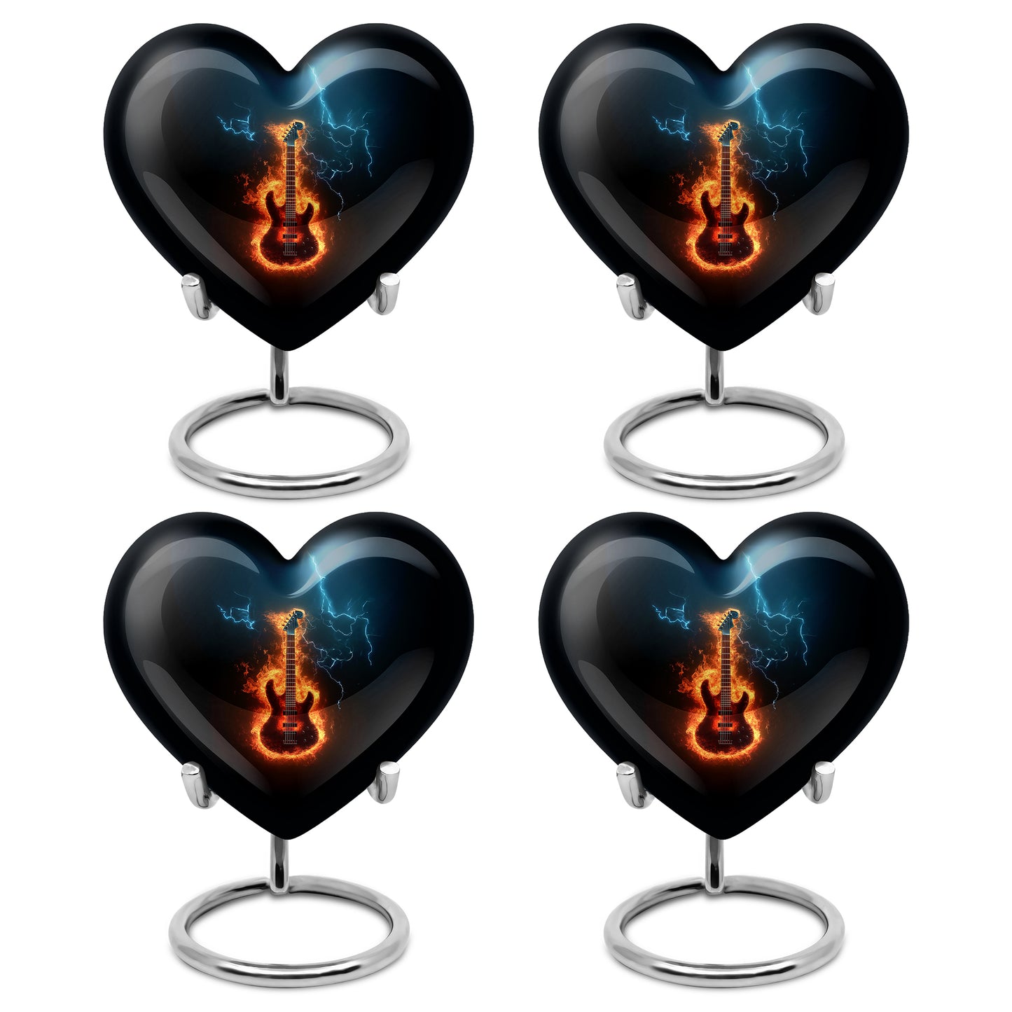 Obsidian Black Guitar Cremation Urn angled view of lid and engraved motif - romantic heart urn with guitar motif on aluminum - 10 inch aluminum urn for cremated remains