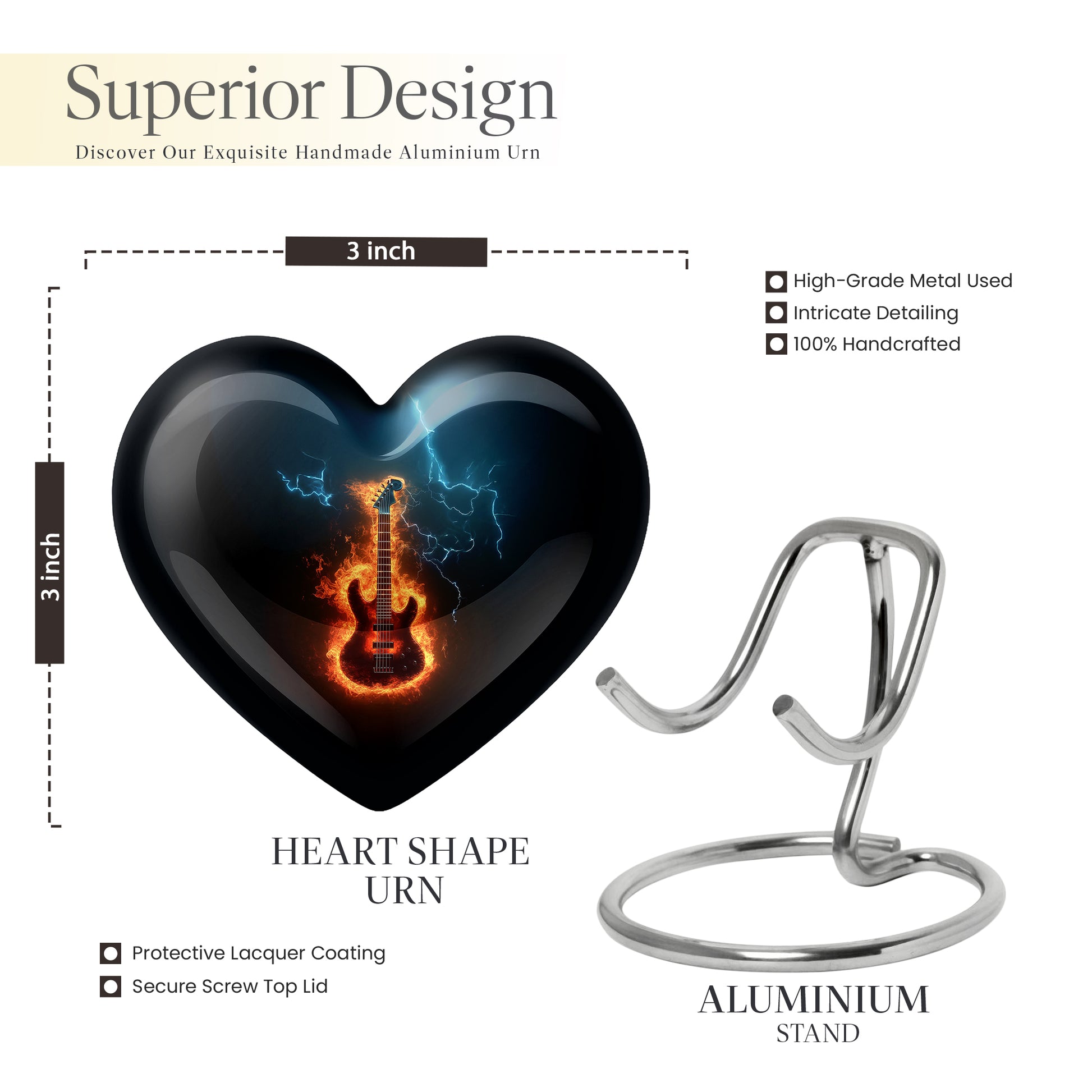Glossy Black Guitar Cremation Urn front view showing detailed design - heart-shaped guitar design symbolizing eternal love - mini keepsake memorial for portion of cremation ashes