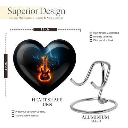 Glossy Black Guitar Cremation Urn front view showing detailed design - heart-shaped guitar design symbolizing eternal love - mini keepsake memorial for portion of cremation ashes