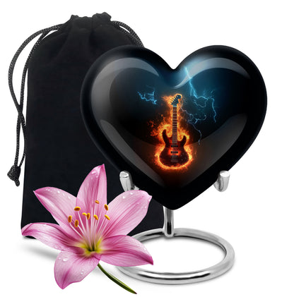Rich Black Guitar Cremation Urn detail view - loving heart memorial featuring guitar pattern - full-size 10 inch 200 cubic inch adult cremation urn
