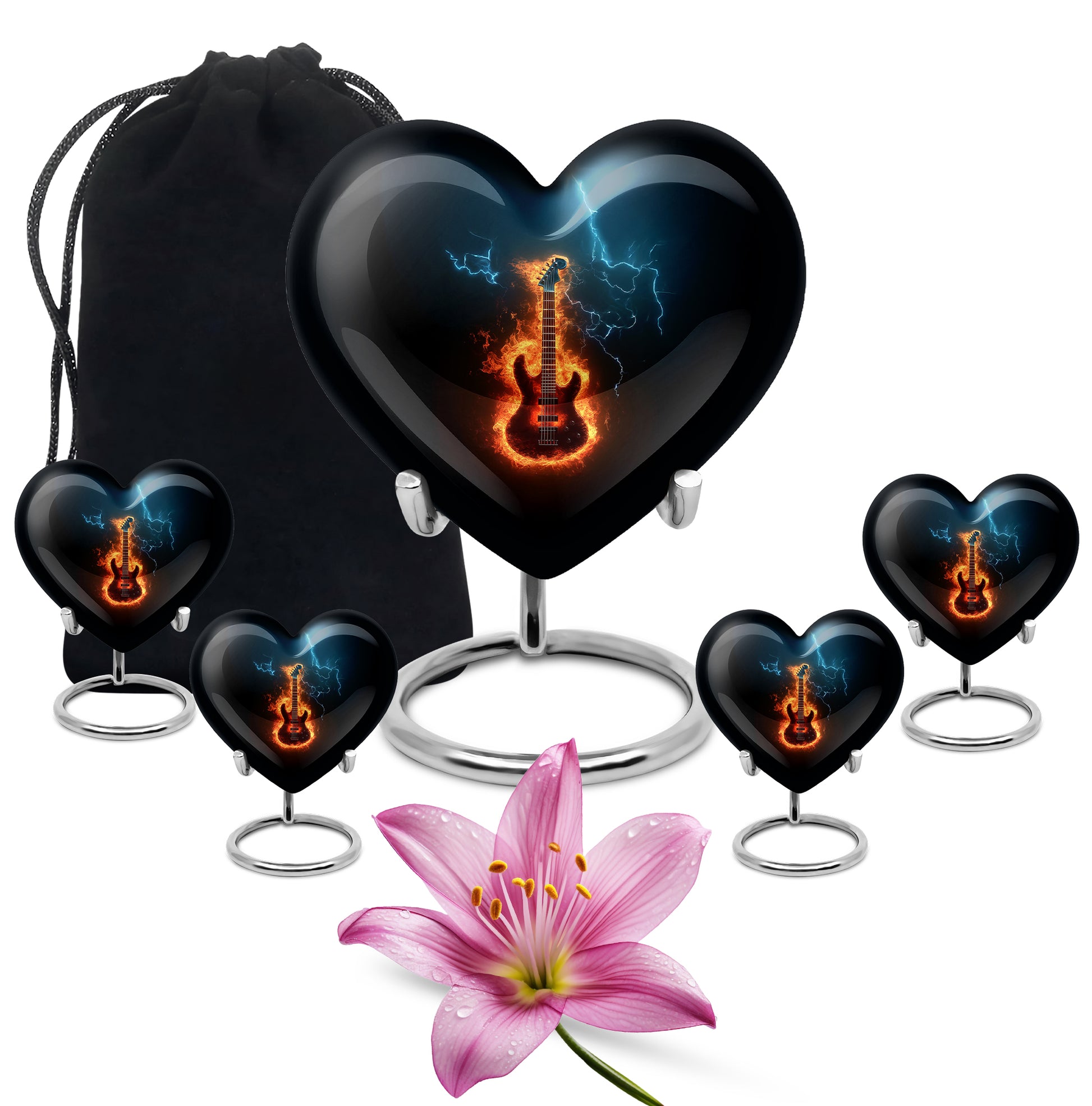 Ebony Guitar Cremation Urn close-up of engraving and surface detail - loving heart memorial featuring guitar pattern - memorial set with one large and four small urns