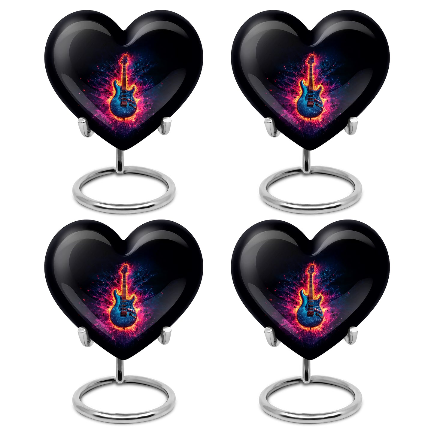 Glossy Black Guitar Cremation Urn angled view of lid and engraved motif - loving heart memorial featuring guitar pattern - 10 inch aluminum urn for cremated remains