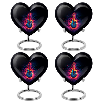Glossy Black Guitar Cremation Urn angled view of lid and engraved motif - loving heart memorial featuring guitar pattern - 10 inch aluminum urn for cremated remains