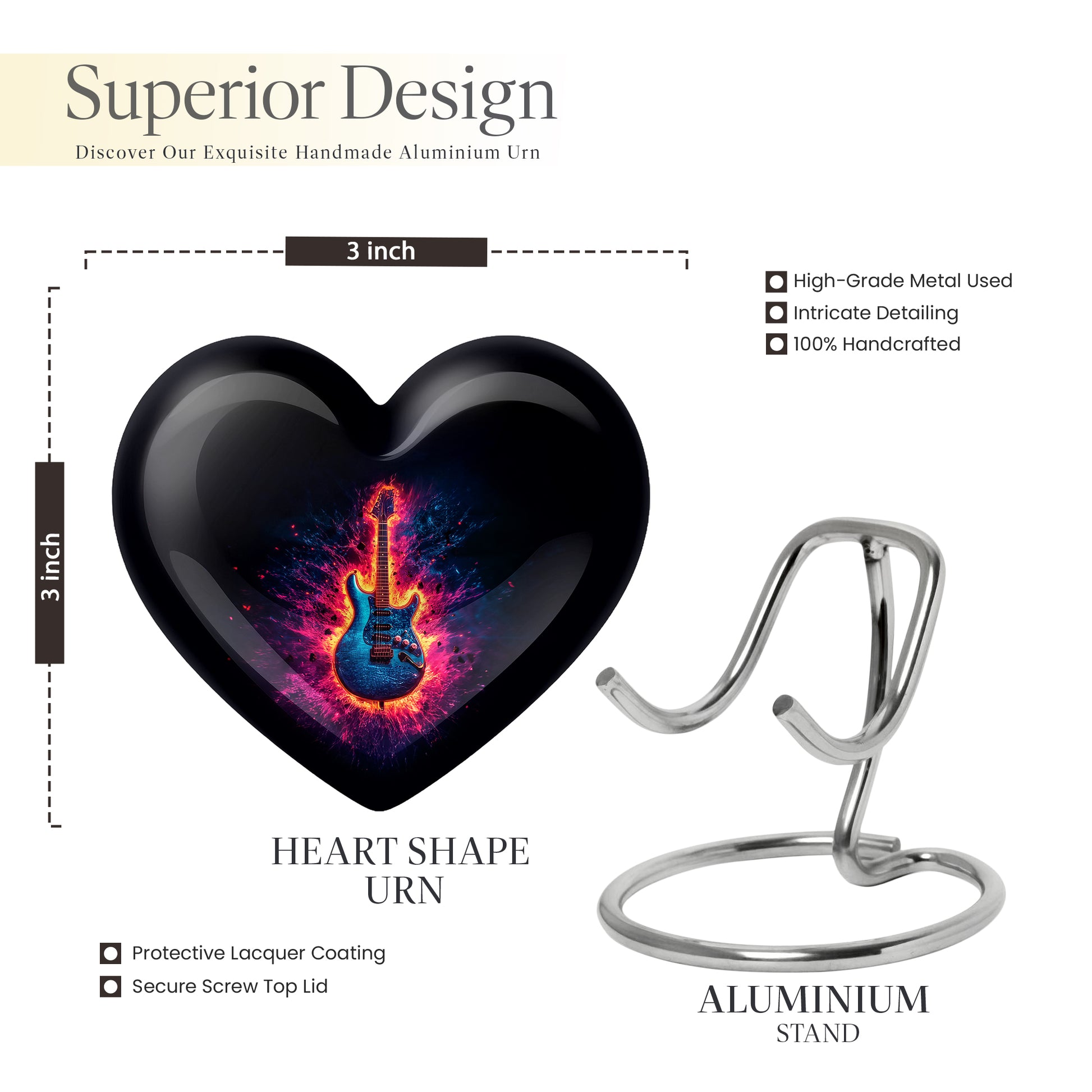 Dark Black Guitar Cremation Urn front view showing detailed design - compassionate heart-guitar combination with gentle curves - mini keepsake memorial for portion of cremation ashes