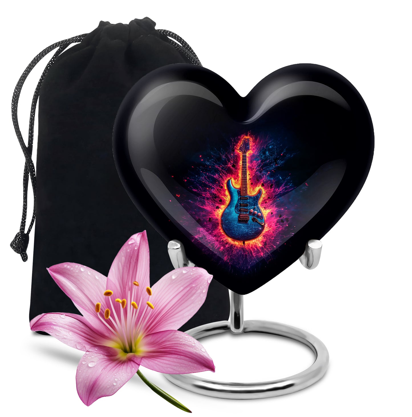 Glossy Black Guitar Cremation Urn detail view - loving heart memorial featuring guitar pattern - full-size 10 inch 200 cubic inch adult cremation urn