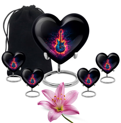 Dark Black Guitar Cremation Urn close-up of engraving and surface detail - romantic heart urn with guitar motif on aluminum - memorial set with one large and four small urns
