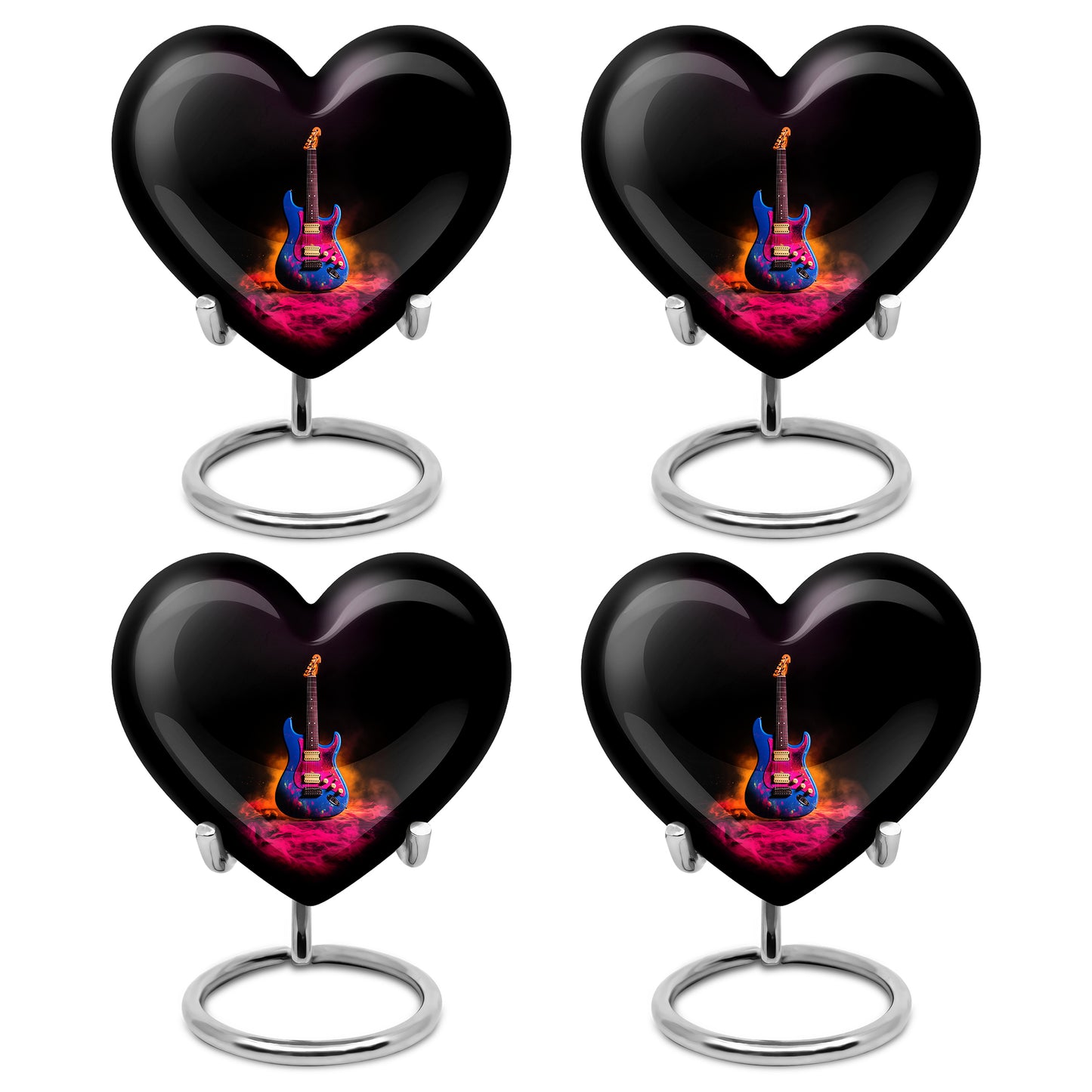 Midnight Black Guitar Cremation Urn angled view of lid and engraved motif - compassionate heart-guitar combination with gentle curves - 10 inch aluminum urn for cremated remains