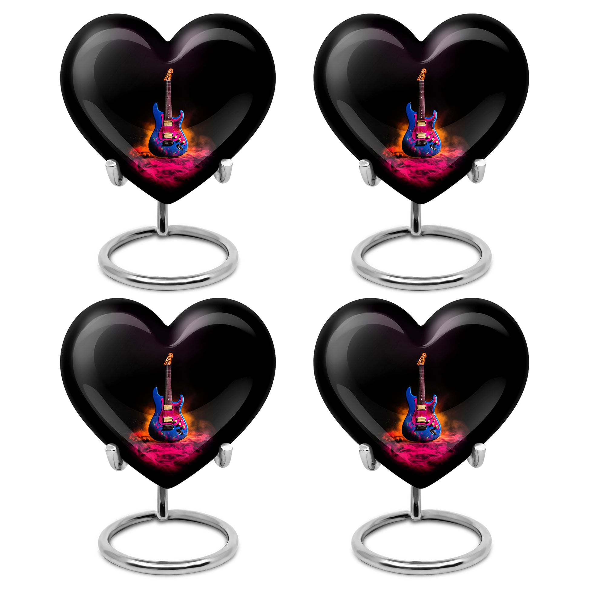 Midnight Black Guitar Cremation Urn angled view of lid and engraved motif - compassionate heart-guitar combination with gentle curves - 10 inch aluminum urn for cremated remains