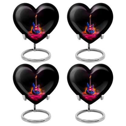 Midnight Black Guitar Cremation Urn angled view of lid and engraved motif - compassionate heart-guitar combination with gentle curves - 10 inch aluminum urn for cremated remains