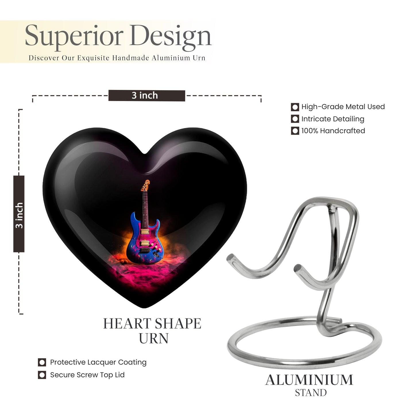 Deep Black Guitar Cremation Urn front view showing detailed design - heart-shaped guitar design symbolizing eternal love - mini keepsake memorial for portion of cremation ashes