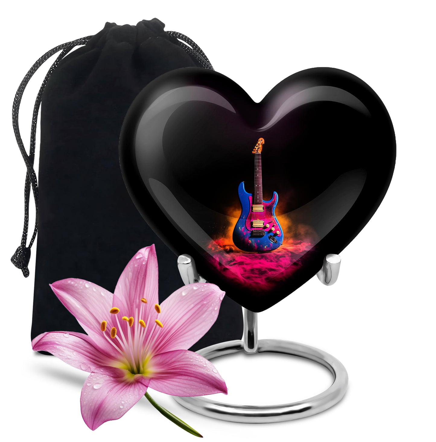 Deep Black Guitar Cremation Urn detail view - loving heart memorial featuring guitar pattern - full-size 10 inch 200 cubic inch adult cremation urn
