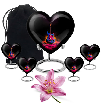 Jet Black Guitar Cremation Urn close-up of engraving and surface detail - heart-shaped guitar design symbolizing eternal love - memorial set with one large and four small urns
