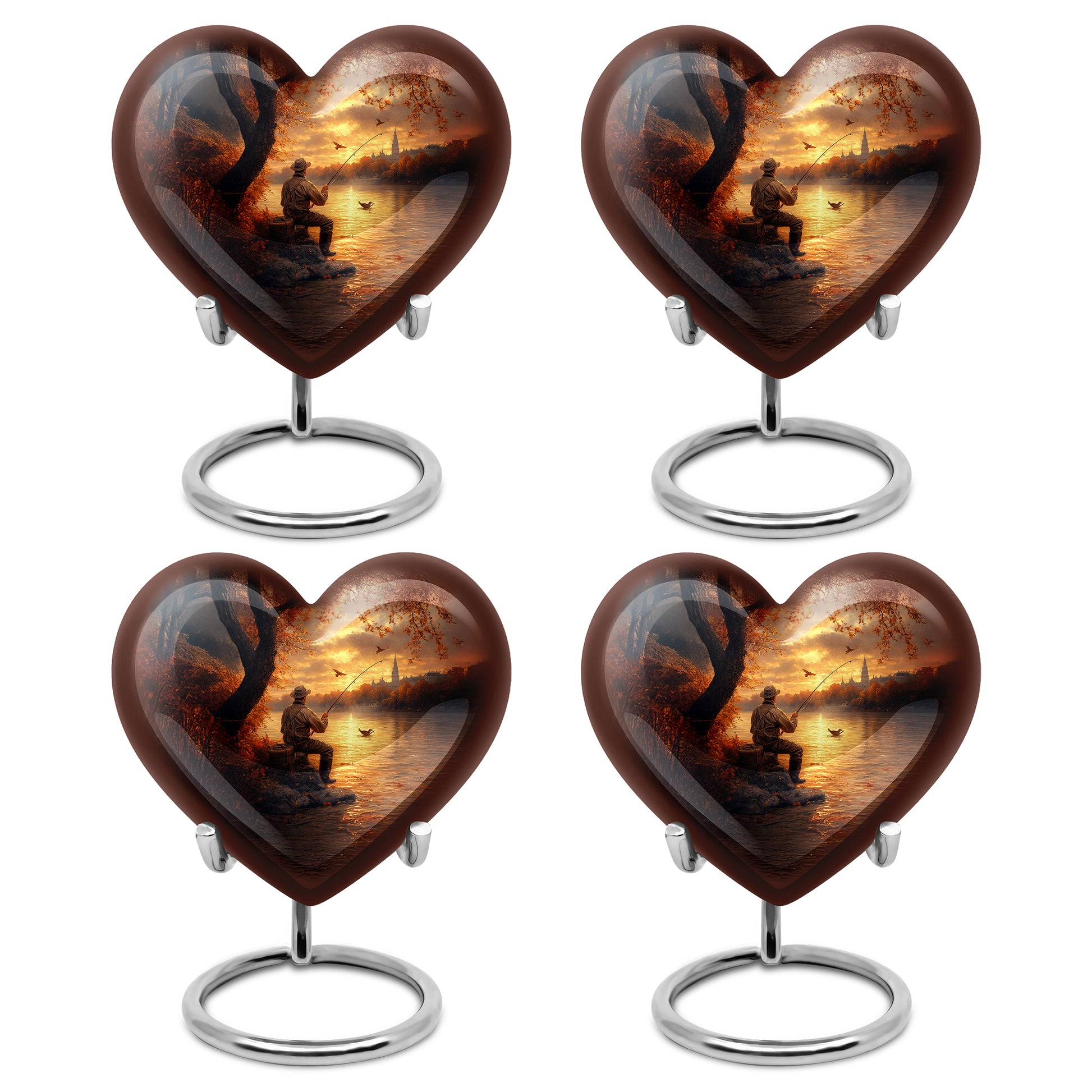 Royal Gold Fishing Cremation Urn angled view of lid and engraved motif - compassionate heart-fishing combination with gentle curves - 10 inch aluminum urn for cremated remains