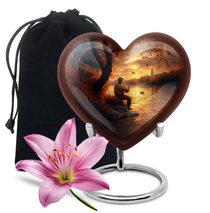 Amber Gold Fishing Cremation Urn detail view - loving heart memorial featuring fishing pattern - full-size 10 inch 200 cubic inch adult cremation urn