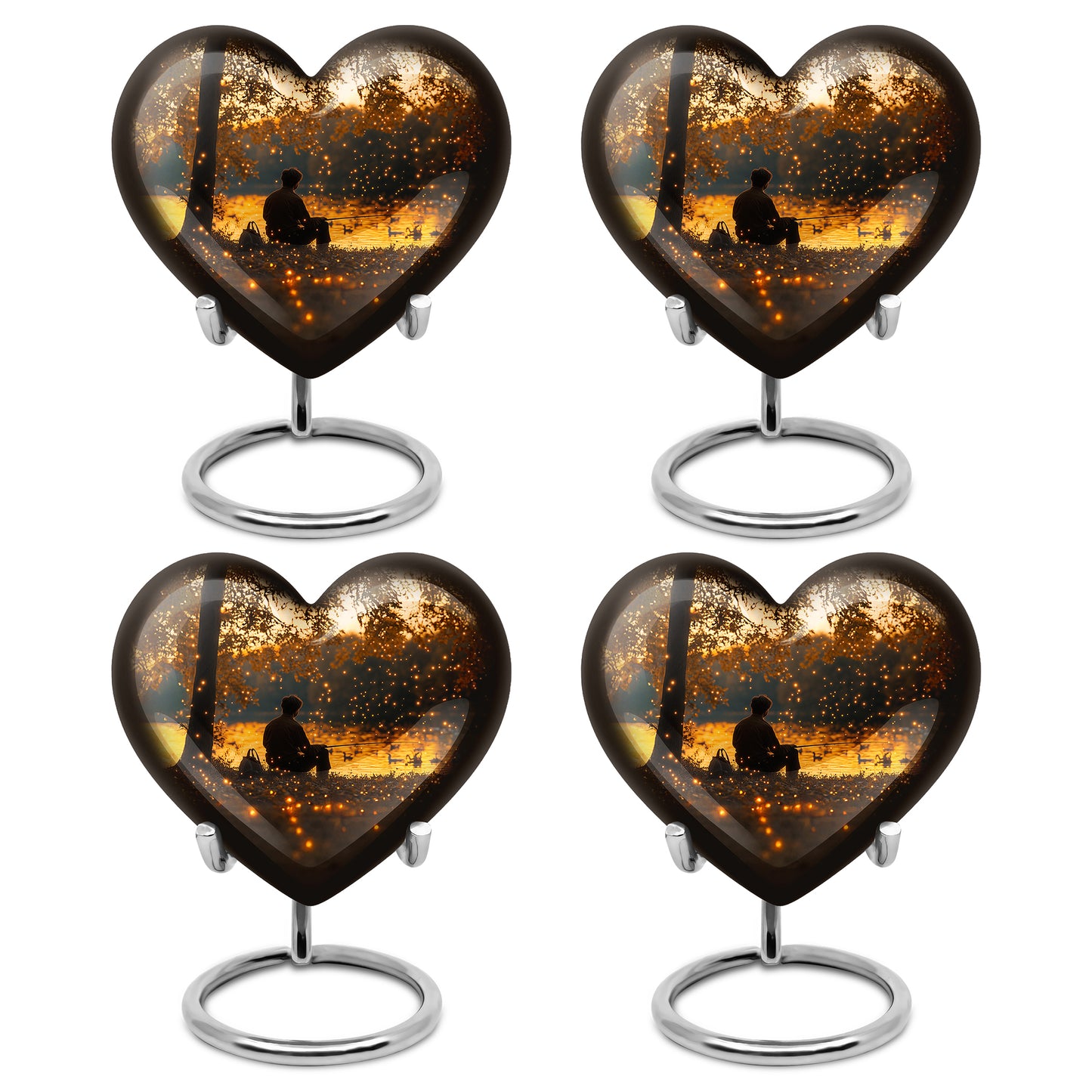 Sunrise Gold Fishing Cremation Urn angled view of lid and engraved motif - heart-shaped fishing design symbolizing eternal love - 10 inch aluminum urn for cremated remains