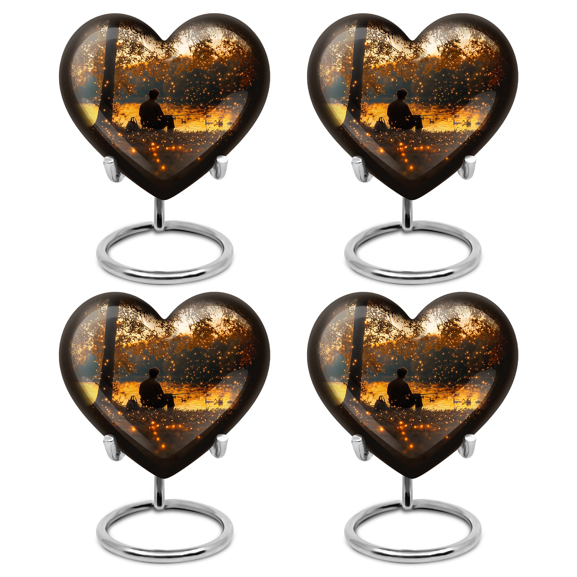 Sunrise Gold Fishing Cremation Urn angled view of lid and engraved motif - heart-shaped fishing design symbolizing eternal love - 10 inch aluminum urn for cremated remains