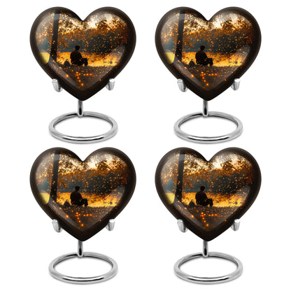 Sunrise Gold Fishing Cremation Urn angled view of lid and engraved motif - heart-shaped fishing design symbolizing eternal love - 10 inch aluminum urn for cremated remains