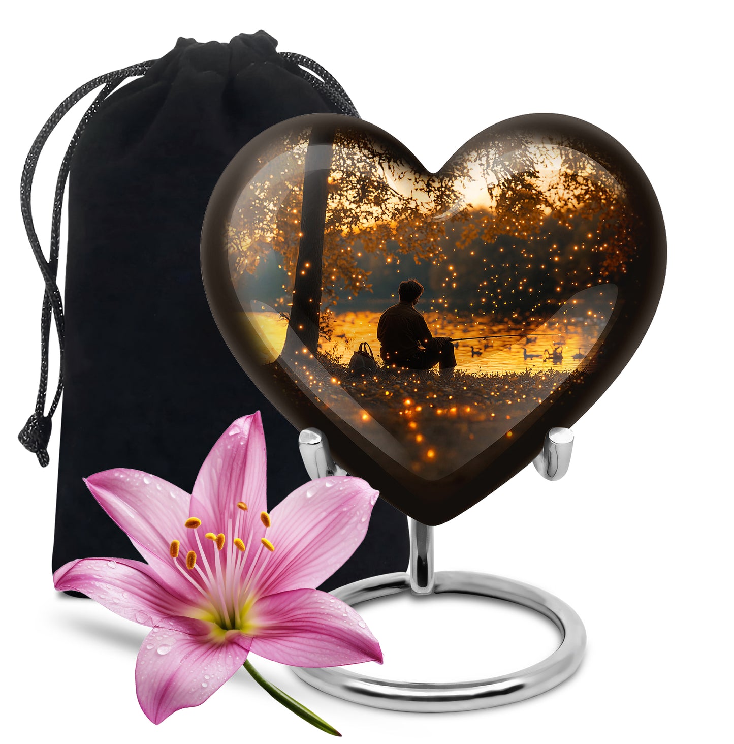 Royal Gold Fishing Cremation Urn detail view - romantic heart urn with fishing motif on aluminum - full-size 10 inch 200 cubic inch adult cremation urn