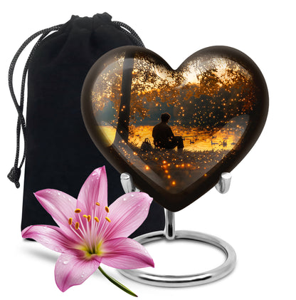 Royal Gold Fishing Cremation Urn detail view - romantic heart urn with fishing motif on aluminum - full-size 10 inch 200 cubic inch adult cremation urn