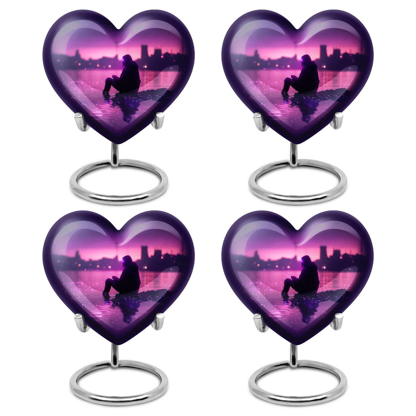 Amethyst Purple Fishing Cremation Urn angled view of lid and engraved motif - loving heart memorial featuring fishing pattern - 10 inch aluminum urn for cremated remains