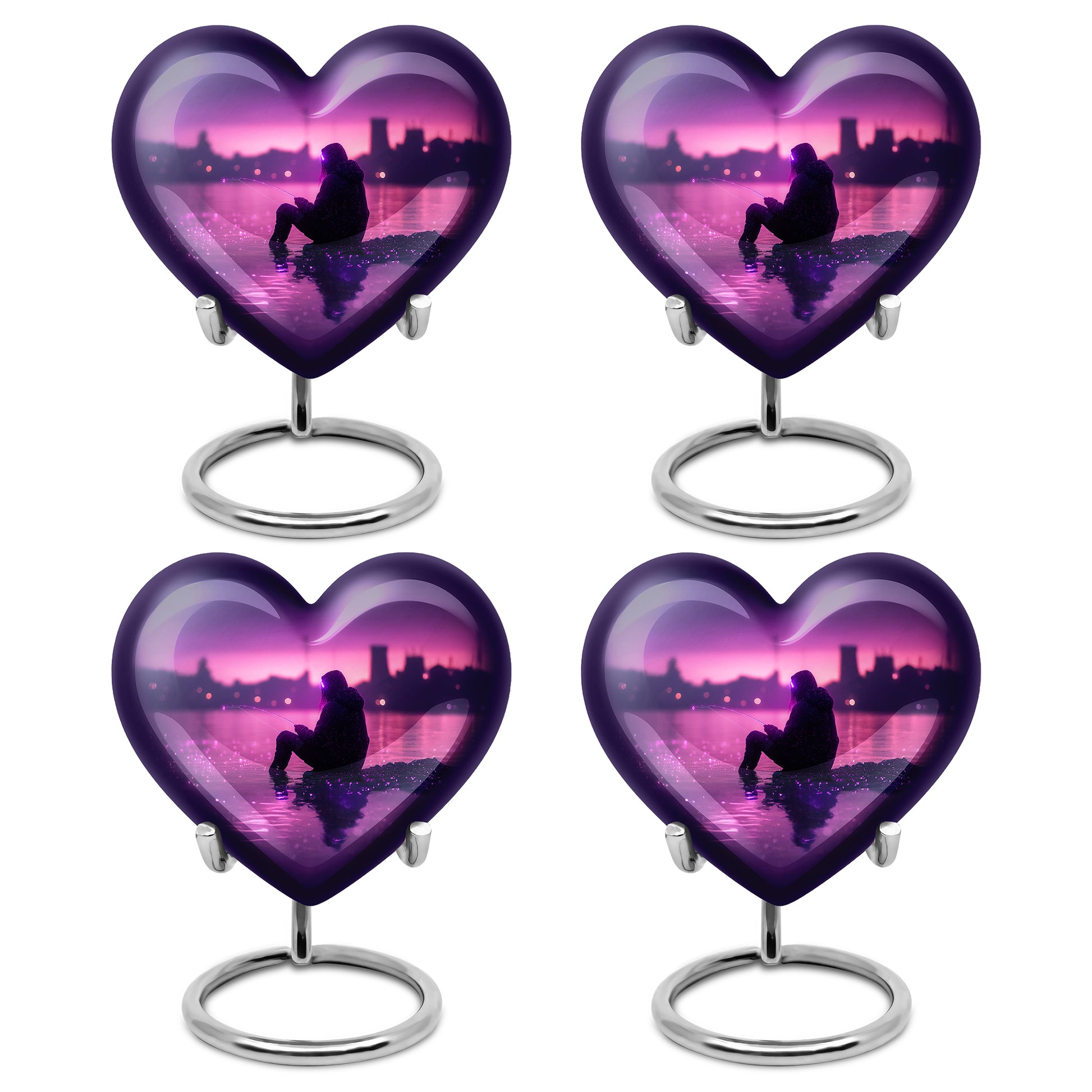 Amethyst Purple Fishing Cremation Urn angled view of lid and engraved motif - loving heart memorial featuring fishing pattern - 10 inch aluminum urn for cremated remains