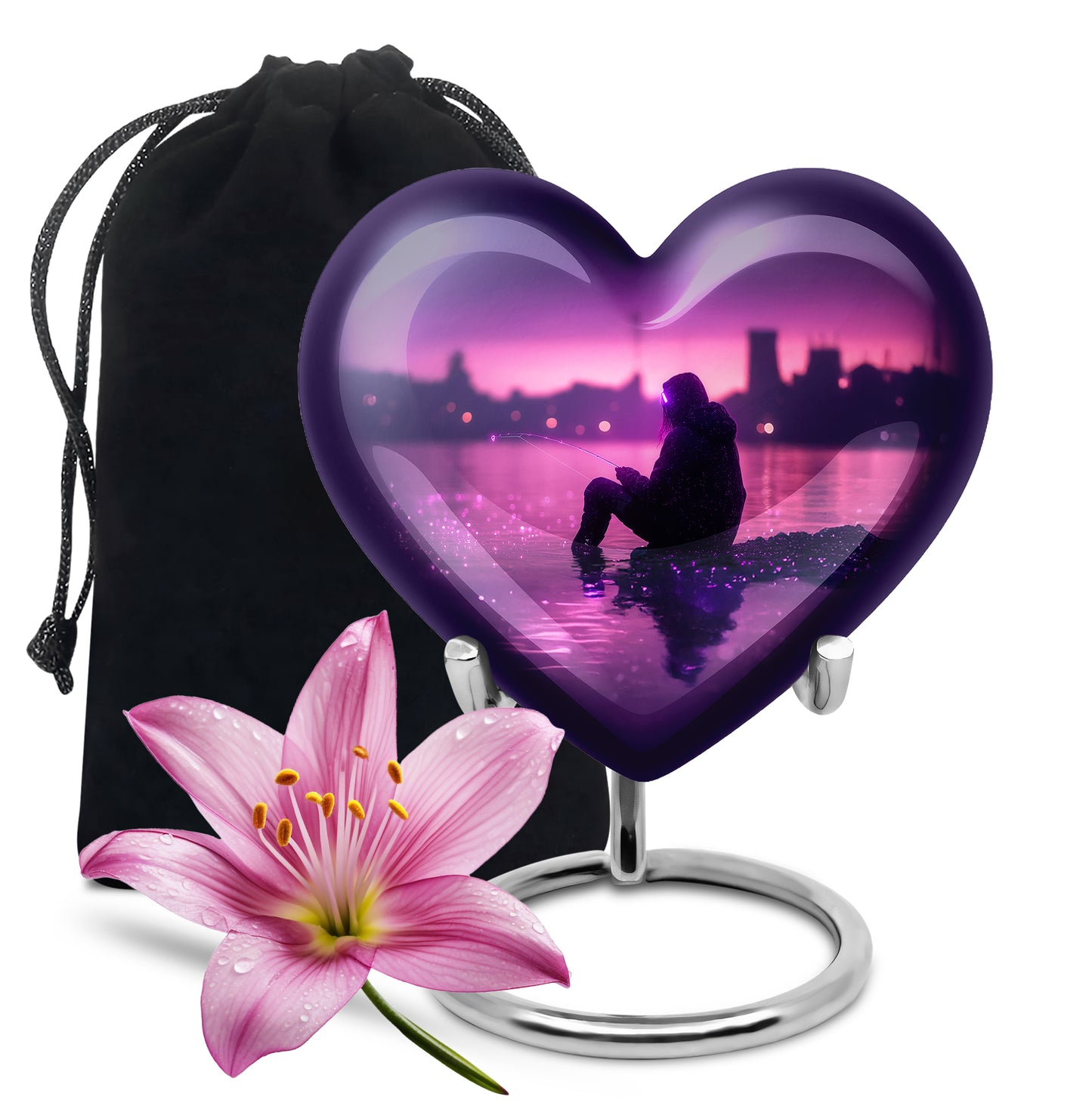 Plum Purple Fishing Cremation Urn detail view - loving heart memorial featuring fishing pattern - full-size 10 inch 200 cubic inch adult cremation urn