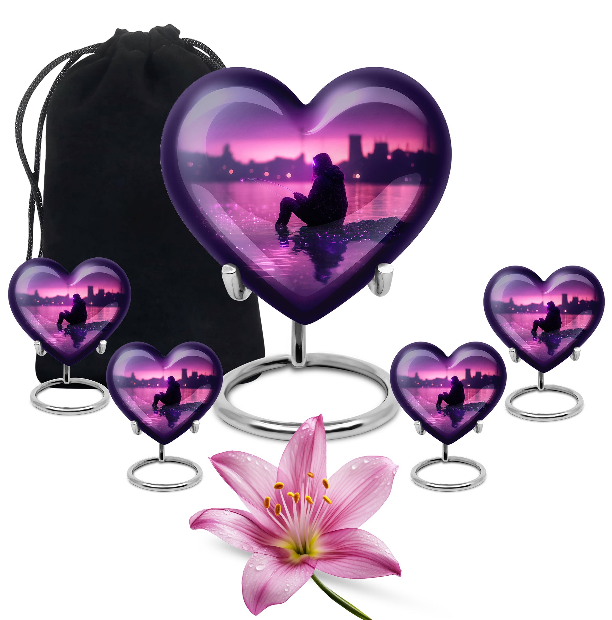Majestic Purple Fishing Cremation Urn close-up of engraving and surface detail - heart-shaped fishing design symbolizing eternal love - memorial set with one large and four small urns