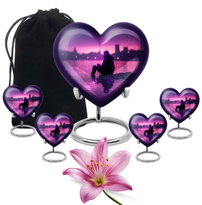 Majestic Purple Fishing Cremation Urn close-up of engraving and surface detail - heart-shaped fishing design symbolizing eternal love - memorial set with one large and four small urns